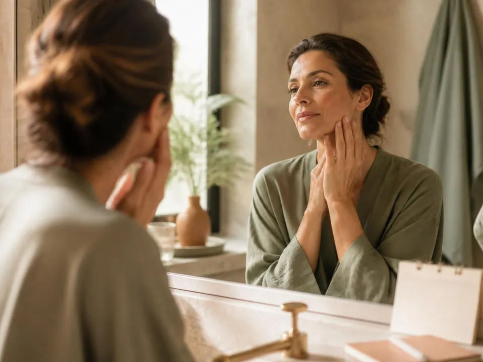 Mujer adulta siguiendo su rutina facial frente al espejo